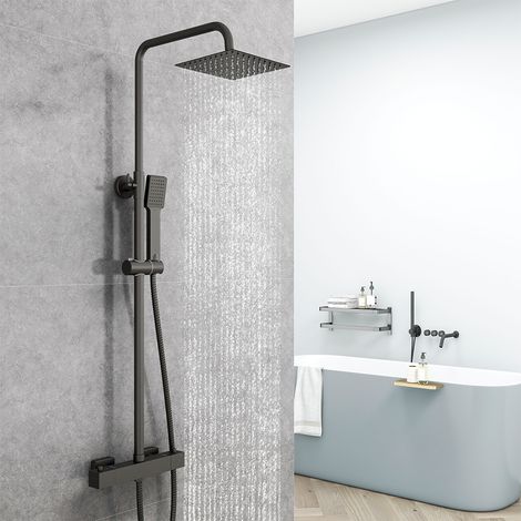 AICA ITALY Colonne Doccia Termostatiche, Sistema Doccia con Miscelatore Termostatico a 38℃, Colonna Doccia in Acciaio Inox con Doccetta Quadrata 220x64mm Altezza Regolabile 73-117cm Nero