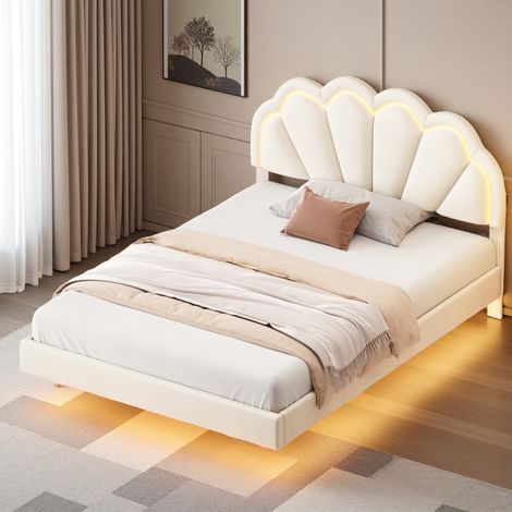 Cama tapizada para niña 140 x 200 cm, Cama infantil, Cabecero pétalo con LED, Patas ocultas, Cama juvenil, Tejido de terciopelo agradable para la piel, Beige (1/5)