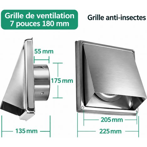 Grille d'aération murale 7 pouces 180 mm en acier inoxydable 304 avec clapet et grille anti-insectes 7 180mm 23 × 23 × 14 cm 690 g – Livraison gratuite