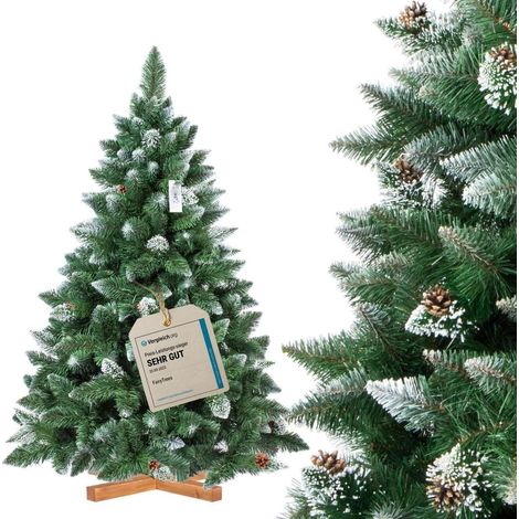 FairyTrees Weihnachtsbaum künstlich 150cm Kiefer mit Christbaum Holzständer  Tannenbaum künstlich mit Natur-Weiss beschneit  Made in EU