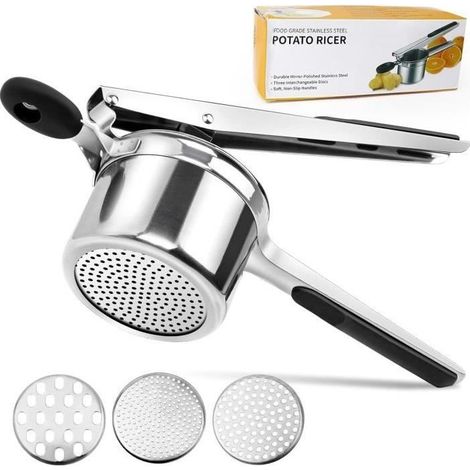 Presse-purée, Purée Polyvalent Manuelle Acier Inoxydable avec 3 Disques Interchangeables, Presse-purée à Pommes de Terre (1/4)
