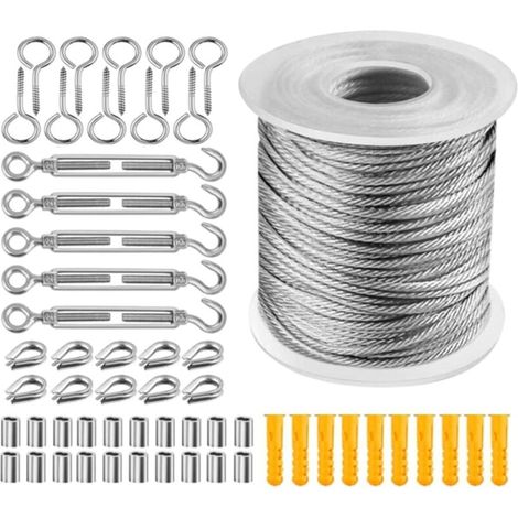 50 m Edelstahlseil-Set, 2 mm Seil, PVC-beschichtetes Stahlgewebe, Stahlseil mit Ösen, M5 Seilspanner, Edelstahl-Spanner für Wäscheleinen.