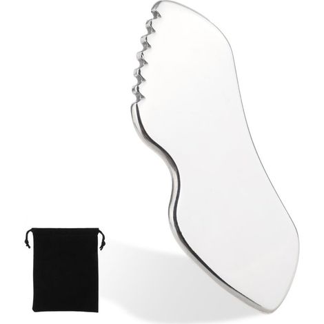 Lot de 1 gua sha en acier inoxydable Gua Sha pour le soin du visage Gua Sha avec dents pour le visage, le cou et les lèvres avec sac de voyage (1 pièce) (1/5)