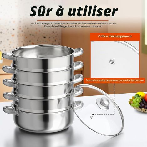 Cuiseur vapeur à 5 étages - En acier inoxydable - Couvercle en verre - Multifonction - Argenté - Pour tous les types de plaques de cuisson - 30 cm (1/5)