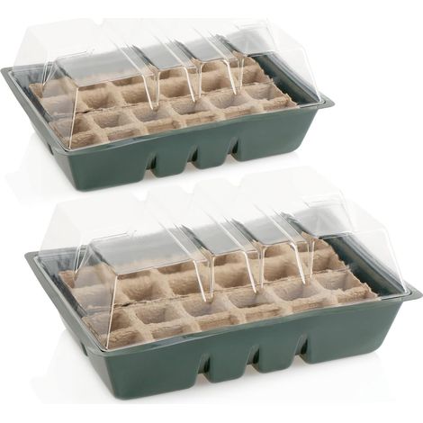 2 - Serre d'intérieur - Kit de culture - Bac à plantes avec pots de semis - Pour maison et jardin - Noir et marron - 33x23x14cm