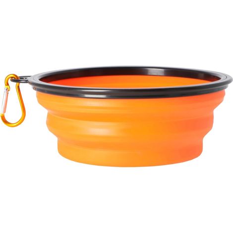 Gamelle de Voyage pour Chien en Silicone avec Mousqueton en Métal, Bord Noir Renforcé, Mangeoire Pliable et Légère, Capacité 1000 ML, Orange (1/4)