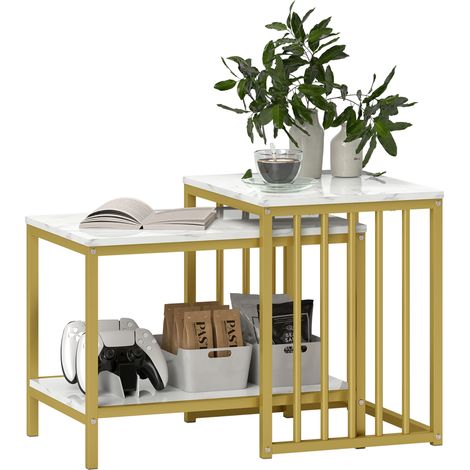 HOMCOM Modern Coffee Table Set of Two w/ Steel Frame Marble-Effect Gold Tone (1/5)