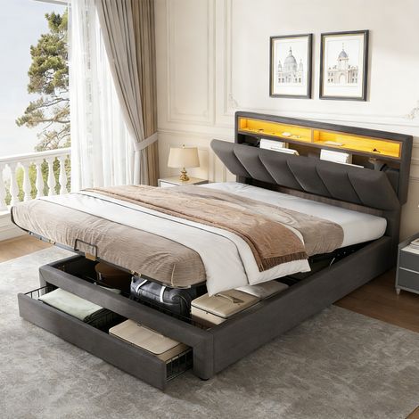 Lit Coffre 140x190 CM avec Lumières LED - 2 tiroirs - Tête de lit réglable - Rangement hydraulique - Lit 2 Personnes avec sommier à lattes - Lin gris (1/5)
