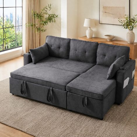 Divano angolare letto 211x130x86 cm in tessuto grigio con contenitore - MEUBLIV (1/5)