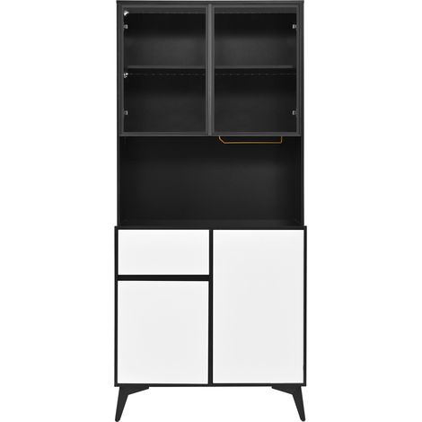 Aparador alto con vitrina, MDF blanco y negro, 80 x 40 x 180 cm, con LED y amplio almacenamiento (1/5)