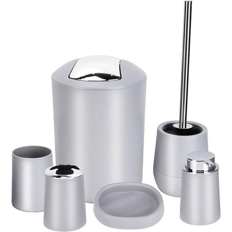 6-teiliges Badezimmer-Accessoire-Set (grau) bestehend aus Abfalleimer, WC-Bürste, Zahnbürstenhalter, Lotionspender, Seifenschale und Spülbecher – modernes Design – Kunststoff
