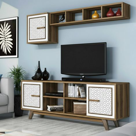 Dmora - Mueble de televisión Djajal, Aparador de salón, Mueble bajo para TV, Base de pared equipada, 160x35h56 cm, Nogal y Blanco (1/5)