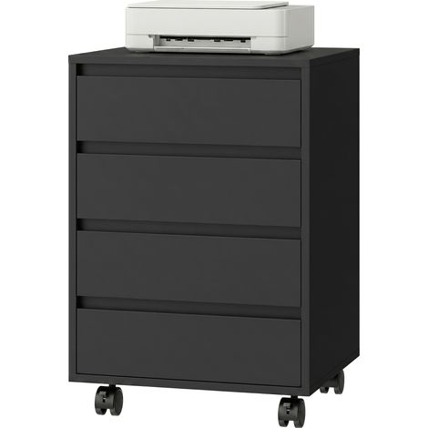 Caisson de bureau rangement bureau sur roulettes 4 tiroirs coulissants en bois aspect bois noir (1/5)