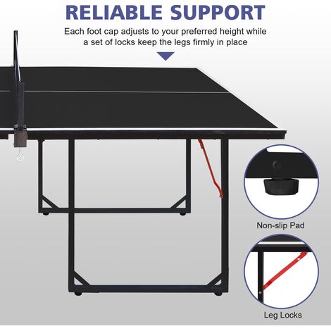 Table de tennis compacte 182 cm (6 pi), pliable et légère, parfaite pour l'intérieur et l'extérieur. Kit complet avec filet, 2 raquettes et 3 balles. Coloris noir, pieds robustes. (1/5)