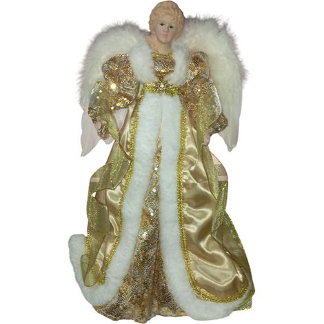 Angelo Decorativo in Tessuto Bianco e oro puntale per albero di natale h 40 vestito Elegante Pelliccia e Ricami Argentati (1/5)