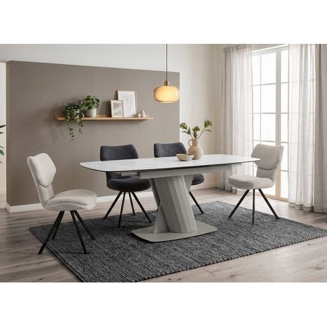Table à manger extensible en métal beige plateau céramique blanc