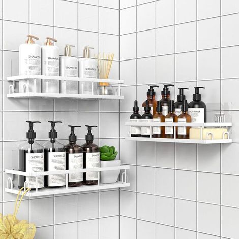 Etagère Douche sans Percage, Rangement et Organisation de la Salle de Bain, Etagere Rangement Murale (Blanc- 3 Pièces) (1/5)