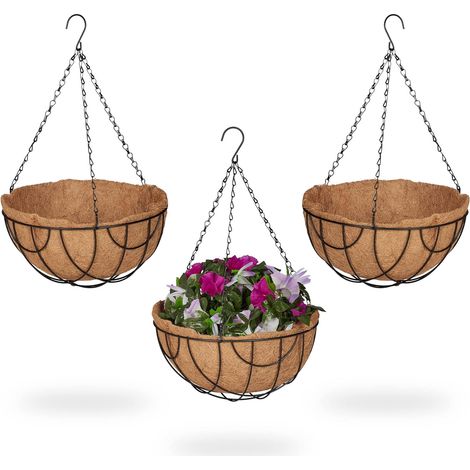 Lot de 3 Suspension pour plantes, Crochet et Chaîne, Fibre de coco, Fer noir, Intérieur Extérieur