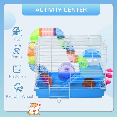 Cage bleue pour hamster de 45,7 cm (18 po), pièce à deux étages pour petits animaux, système de tunnels, pour rats, rats des sables, roues d'exercice, biberons, plateaux de nourriture (1/5)