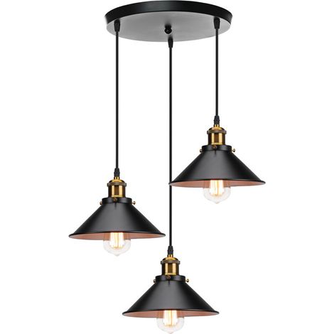 – Lustre suspension 3 têtes métal E27 22cm noir et blanc – Design industriel élégant – Abat-jour anti-corrosion – Longueur câble 100cm réglable (1/5)