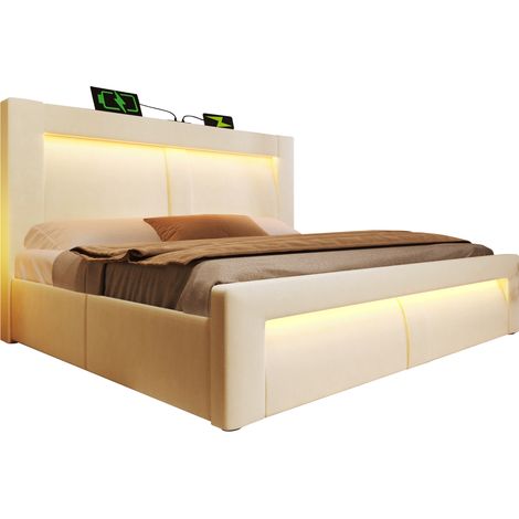 CHICFURN Lit double 140x200 cm avec coffre de rangement, lit hydraulique LED connecté, ports USB et Type-C, velours beige, tête de lit courbée, sans matelas (1/5)