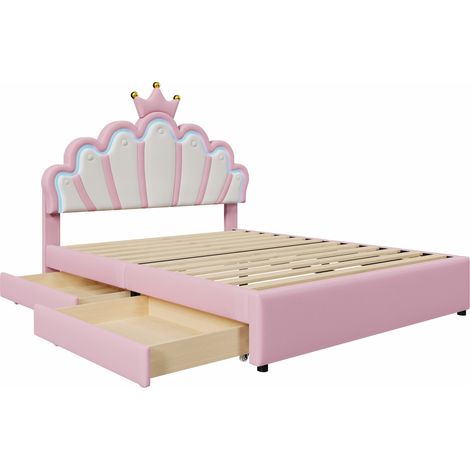 Gepolstertes Kinderbett 140 x 200 cm aus PU in Rosa mit LED, 2 Schubladen, Krone (1/5)