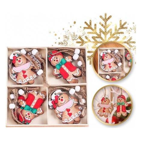 Adornos navideños de madera ECARLA, 12 unidades, diseño de pan de jengibre BSN47 (1/5)