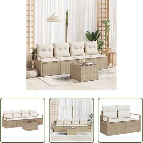 Poly-Rattan - Sofa Set mit Kissen 5 pcs Beige und Creme Poly-Rattan (1/5)