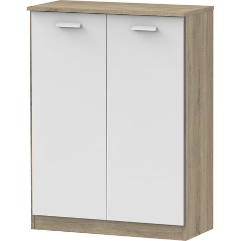 Armoire auxiliaire meuble multi-usages basse à 2 portes coloris Blanc et Chêne cambrien - Longueur 74 x Profondeur 36 x Hauteur 101 cm (1/5)