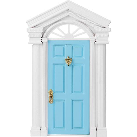 Porte en bois de bouleau miniature 1:12 pour maison de poupée fée, avec accessoires bleus, ouvrante (1/5)