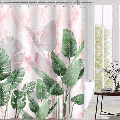 Rideau Douche Anti Moisissure, Rideau de Douche 180x180cm Tropical Feuilles de Palmier Vert Jungle Marbre Rose Rideaux de Baignoire Tissu Lavable Imperméable Rideaux de Bain avec 12 Crochets - 180L X  (1/5)