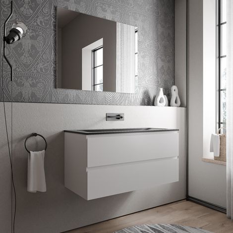 BERNSTEIN - Mueble bajo lavabo AVA 100 cm con lavabo de fundición mineral CREAM - color a elegir:Matt white, Negro mate sin orificio para grifo
