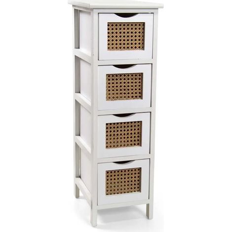 Schmale kommode aus holz mit 4 schubladen, 26 x 32 x 80 cm, weiß mit rattan-Elementen