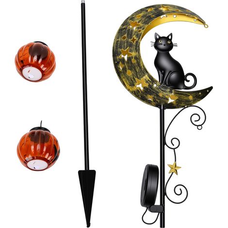 Lampe solaire sur piquet de jardin en forme de chat noir et de lune, lanterne citrouille suspendue étanche à l'eau, pour l'extérieur, pour les vacances, décoration de cour et de passerelle (1/5)