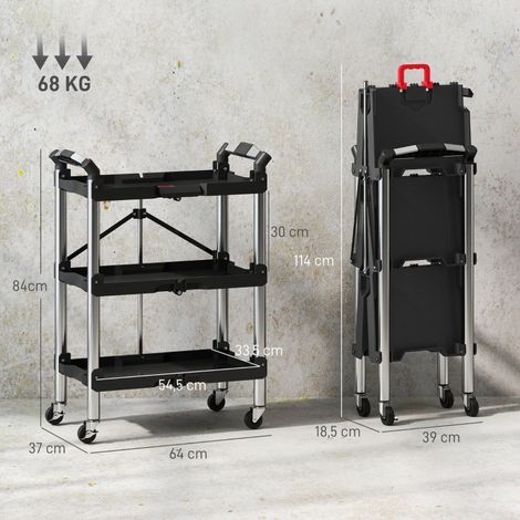 Chariot d'atelier 3 étagères, diable pliable avec poignée, support de rangement pour garage, atelier, entrepôt, charge max 68 kg, noir (1/5)
