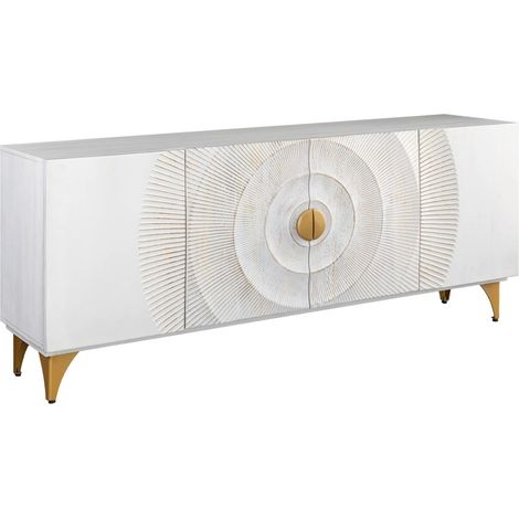 Buffet SOLARIS 177 cm blanc et doré – 4 portes sculptées motif solaire en bois de manguier (1/5)