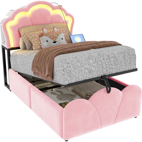 Lit rembourré 90 x 200 en velours rose avec rangement hydraulique, LED multicolore, prises intégrées, tête de lit à niches et style floral pour chambre moderne – CHICFURN (1/5)