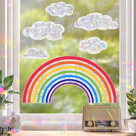 Stickers Fenetre, Attrape Soleil Autocollant Fenetre Arc en Ciel, Autocollant Oiseaux Vitre Anti Collision, Rainbow Prism Autocollant en Verre, pour Bureau à Domicile Salon Cuisine (1/5)