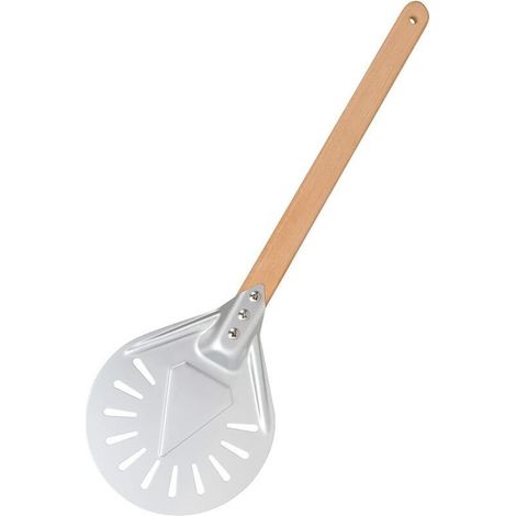 Pelle à pizza ronde de 18 cm (7 pouces), perforée, avec long manche en bois amovible, en aluminium et manche antidérapant Longziming. (1/5)