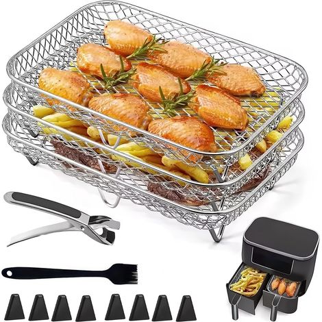 Airfryer-Einsätze, 3-teilig, Edelstahl 304, Korb- und Tablettzubehör für Heißluftfritteusen, 3-lagig, stapelbar, mit Clip für Mikrowelle (quadratisch) (1/5)