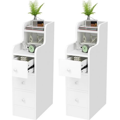 Pack de 2 Table de Chevet Multifonction avec Tiroir - Table d’Appoint Étroite en MDF Blanc pour Salon/Chambre - Meuble de Rangement Compact 20x35x70 cm (Idéal Petits Espaces/Entrée) (1/5)
