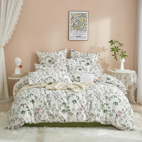 Bettwäsche-Set 155x220cm Baumwolle Blumenmuster Weiß Grün 3-teilig mit 2 Kissenbezügen 80x80cm OEKO-TEX