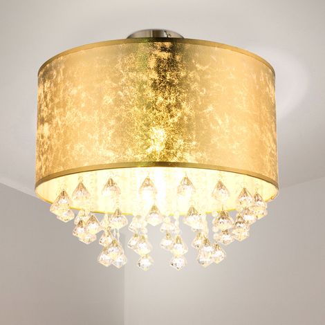 Deckenlampe Metall Nickel matt Lampen Wohnzimmer Decke Kristall Deckenlampe Jugendzimmer, Blattgold Kristalle, 1x E27, DxH 40 x 38 cm