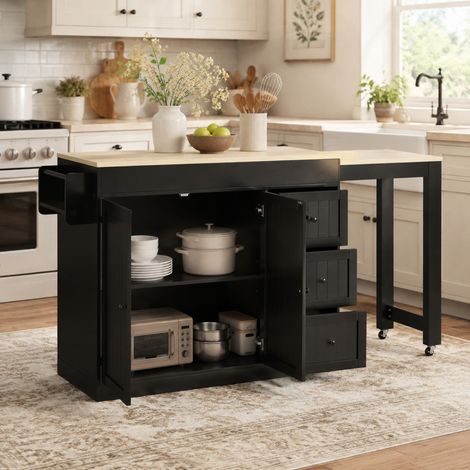 MODFU – Îlot cuisine mobile noir – Plan extensible – 3 tiroirs – Étagères réglables – Noir (1/5)