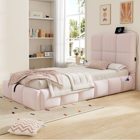 MEUBLIV Estructura de cama 90x200 cm rosa – almacenamiento hidráulico, USB, sin colchón (1/5)