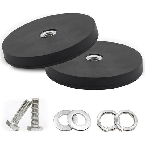 Lot de 2 aimants ronds néodyme caoutchoutés, diamètre 88 mm, capacité de charge 55 kg, antidérapants, filetage intérieur M10 pour vis, aimants puissants en caoutchouc (1/5)