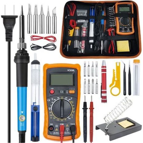 Fer à Souder Kit, 60W Kit de Soudure, Temperature Réglable de 200450℃, Multimètre, 5PCS Conseils de soudage, Pompe à Dessouder, Fil de Soudure, Pincettes, Tournevis, Dénudeur de Fil, Support (1/5)