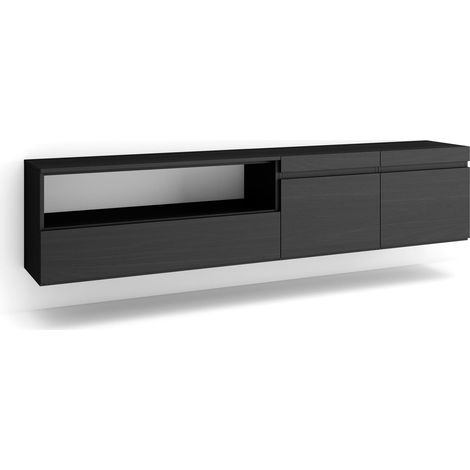 Skraut Home - Meuble TV, Banc Télé, Grand espace de Rangement, 200x45x35cm, Pour les TV jusqu'à 80", Suspendu, Mural, Style moderne, Noir (1/5)