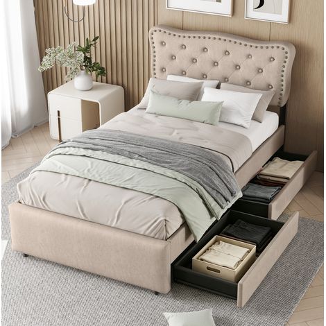 Bett Polsterbett Stauraum 90x200 MDF Beige OKMYHOME (1/5)