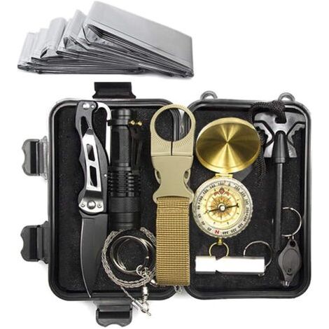 Kit de secours multifonction 10 en 1 – Outils de survie et premiers secours – Boîte étanche pour camping, randonnée, chasse, pêche (1/5)
